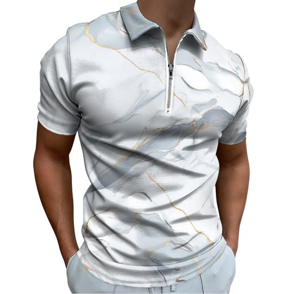 Marble Texture Men Zipper T-shirt Summer Casual Short Sleeve T-shirt Top