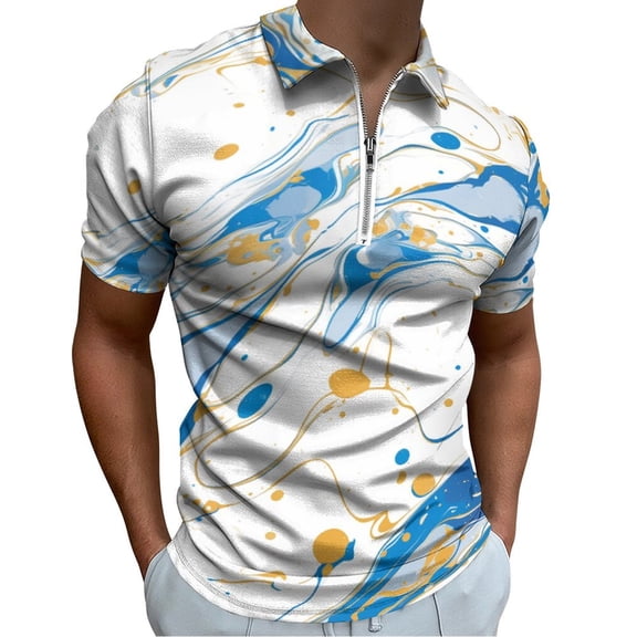 Marble Texture Men Zipper T-shirt Summer Casual Short Sleeve T-shirt Top