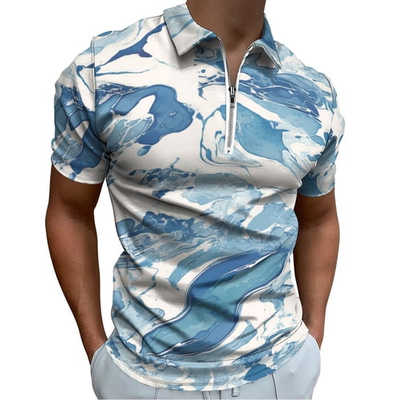 Marble Texture Men Zipper T-shirt Summer Casual Short Sleeve T-shirt Top
