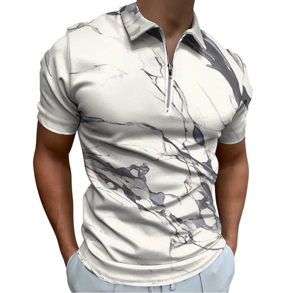 Marble Texture Men Zipper T-shirt Summer Casual Short Sleeve T-shirt Top