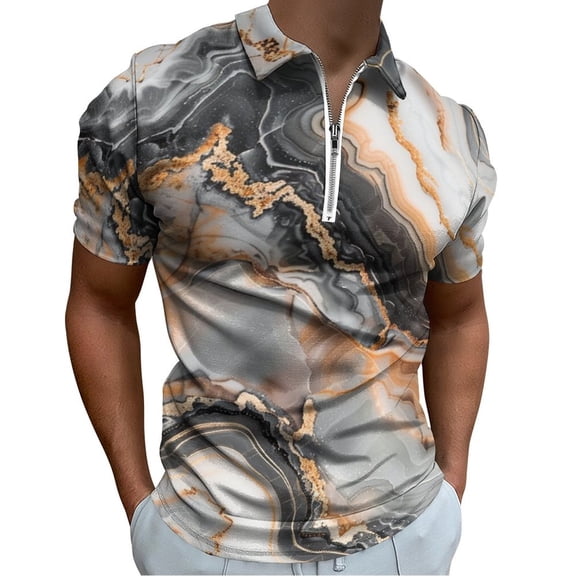 Marble Texture Men Zipper T-shirt Summer Casual Short Sleeve T-shirt Top