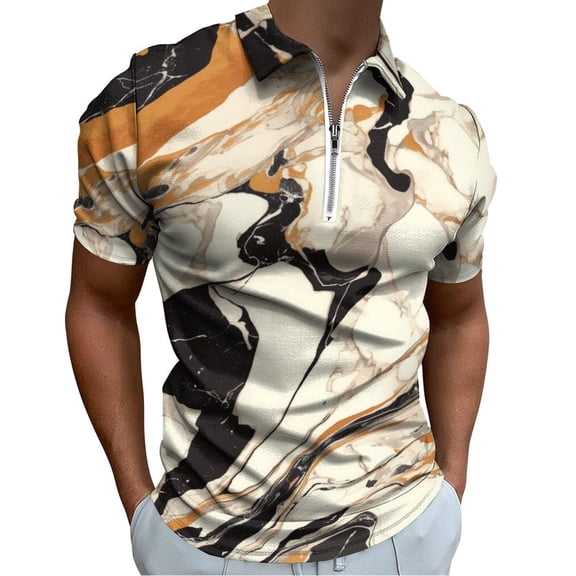 Marble Texture Men Zipper T-shirt Summer Casual Short Sleeve T-shirt Top