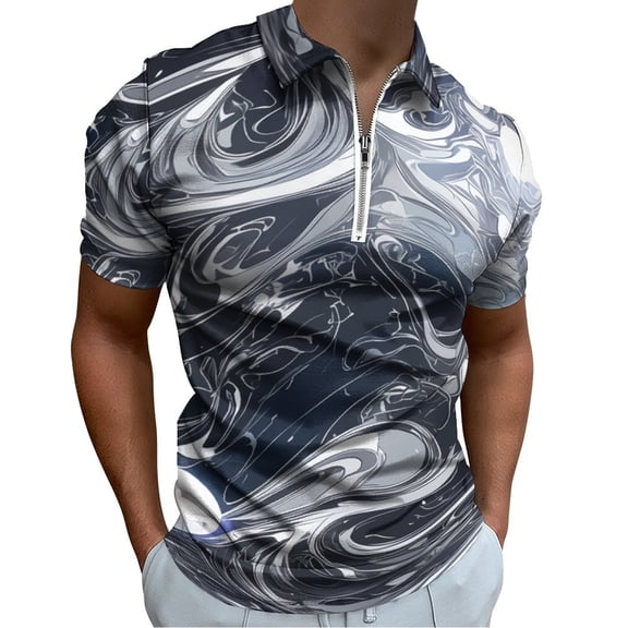 Marble Texture Men Zipper T-shirt Summer Casual Short Sleeve T-shirt Top