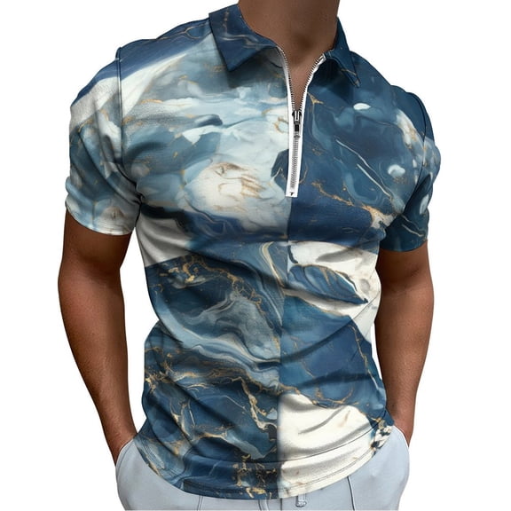 Marble Texture Men Zipper T-shirt Summer Casual Short Sleeve T-shirt Top