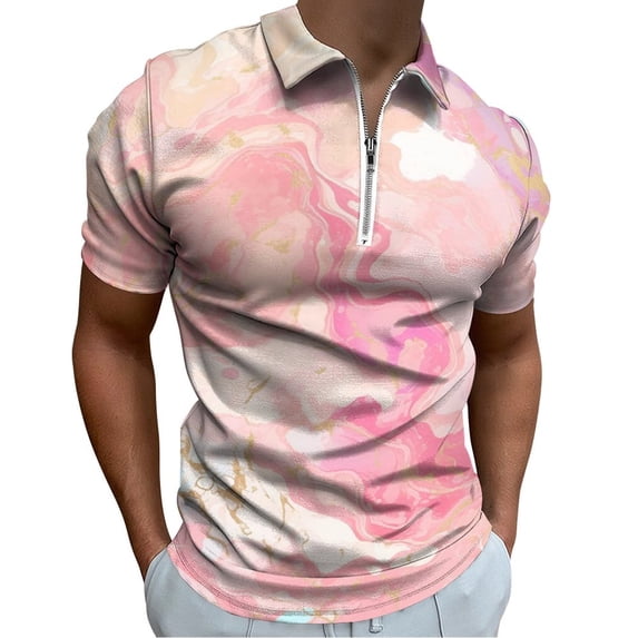 Marble Texture Men Zipper T-shirt Summer Casual Short Sleeve T-shirt Top