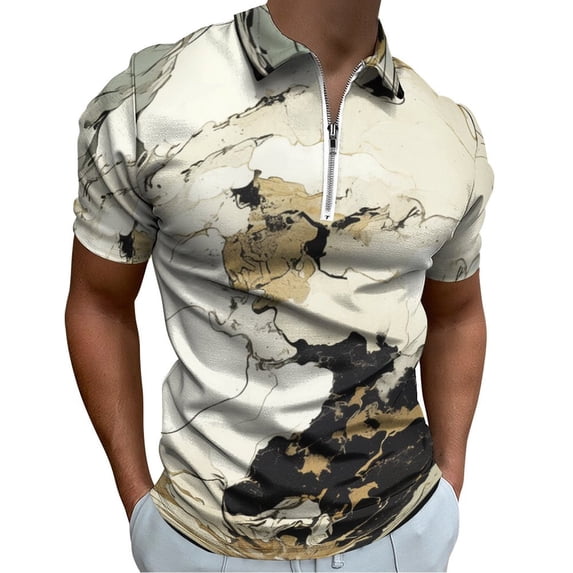 Marble Texture Men Zipper T-shirt Summer Casual Short Sleeve T-shirt Top