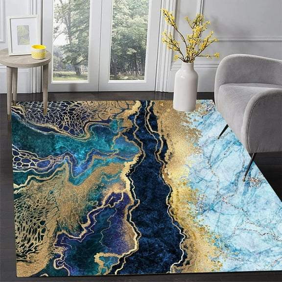 Marble Texture Modern Abstract Blue Grey Gold Aesthetic Area Rug Non-Shedding Luxury Art Decor Rug For Livingroom Bedroom Diningroom Indoor Floor Carpet 3x4ft