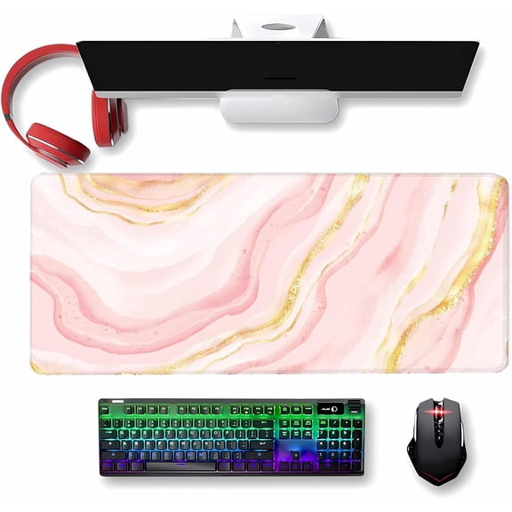 Marble Texture Mouse Pad Pink and Golden XXL Extended Gaming Mouse Mat Non-Slip Rubber Rectangular Desk Pads Stitched Edges Office Mousepad for Work & Home(Size:35.4x15.7in)