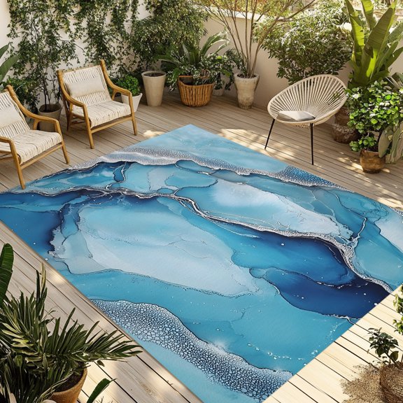 Marble Texture Outdoor Rug, Blue Sliver Abstract Wave Modern Non-Slip Area Rugs Carpet Breathable Large Floor Mat for Outdoors Patio Porch Deck Beach 3’ x 5’