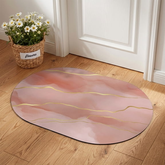 Marble Texture Oval Diatomaceous Earth Doormat, 18"x30" Watercolor Pink Clouds Gold Veins Modern Absorbent Quick Dry Irregular Door Mat Floor Mat Entryway Rug for Bathroom Kitchen