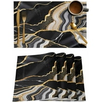 Marble Texture Placemats Set of 6, Black Gold Abstract Crack Cotton Linen Table Mats Non-Slip Washable Black Gold Marbling Print Placemat for Holiday Banquet Dining Kitchen Table Decor