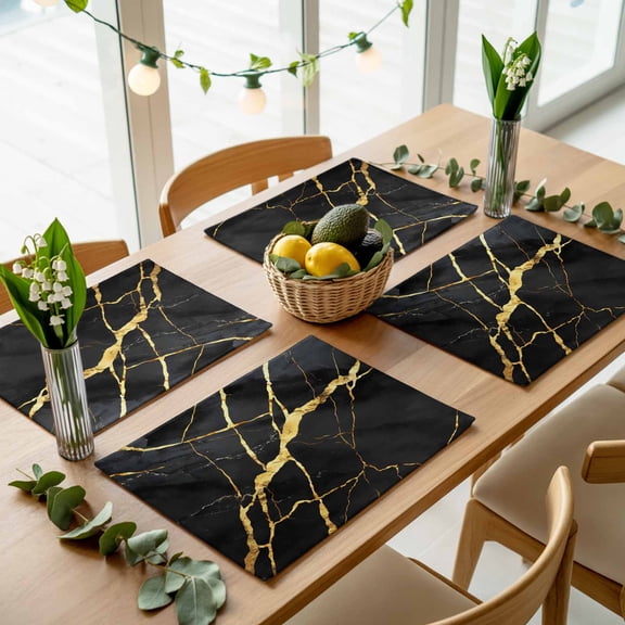 Marble Texture Placemats Set of 4,Wipeable Washable Table Mats for Dining Tables, Gold Line Black Place Mats for Kitchen Event Party Tabletop Decor