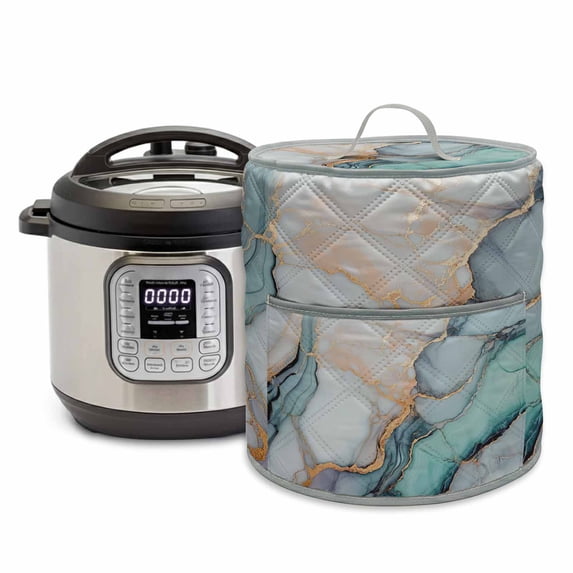 Marble Texture Pressure Cooker Cover Abstract Teal Blue Gold Crack Art Dust Cover for Kitchen Appliances with Top Handle & Storage Pockets, Fits 6 Quart Instant Pot, Air Fryer, Crock Pot