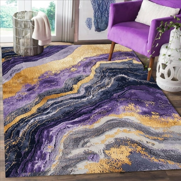 Marble Texture Purple Grey Gold Area Rug, Modern Art Deco Design Carpet, Washable Non Slip Soft Pile, Living Room Bedroom Dining Room Office Mat 5x8ft