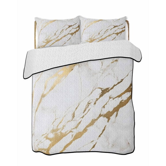 Marble Texture Quilts Bedding Set Twin Size White Gold Crack Abstract Modern Style Lightweight Quilted Bedspread 3 Piece Bed Quilt with 2 Pillow Shams All Season for Bedroom 68" x 86"