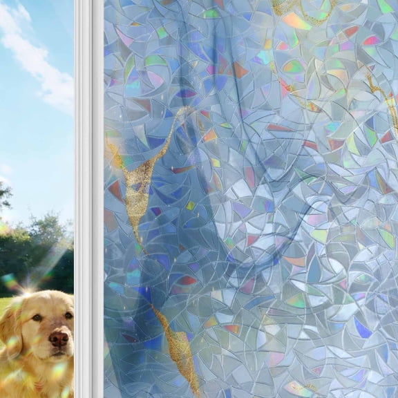 Marble Texture Rainbow Window Privacy Film, Blue Gold Ornamental Blending Stained Glass Window Film, Sun Blocking Glass Clings Static Cling Non Adhesive Door Stickers 29.5 x 118 Inches