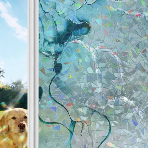 Marble Texture Rainbow Window Privacy Film, Turquoise Marble Tier Abstract Art Stained Glass Window Film, Sun Blocking Glass Clings Static Cling Non Adhesive Door Stickers 17.7 x 39.3 Inches