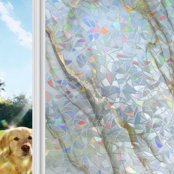 Marble Texture Rainbow Window Privacy Film, Vintage Classic White Gold Crack Art Stained Glass Window Film, Sun Blocking Glass Clings Static Cling Non Adhesive Door Stickers 19.6 x 39.3 Inches