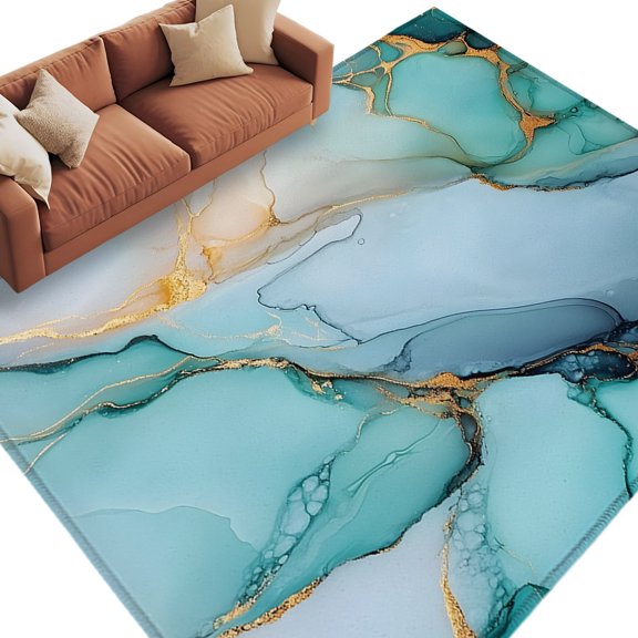 Marble Texture Rectangle Area Rug 9x12ft Teal Blue Gold Gradient Crack Modern Washable Rugs for Living Room, Non Slip Soft Carpet for Bedroom Entryway Dining Room