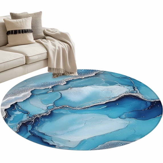Marble Texture Round Area Rug 3.3ft Blue Sliver Abstract Wave Modern Non-Slip Washable Circle Rugs Soft Felt Indoor Floor Mat for Bedroom Kitchen Living Room Bathroom