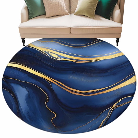 Marble Texture Round Area&nbsp;Rug 5ft Modern Blue Golden Fluid Art Non-Slip&nbsp;Washable Circle Rugs Soft Felt Indoor Floor Mat for Bedroom Kitchen Living Room Bathroom
