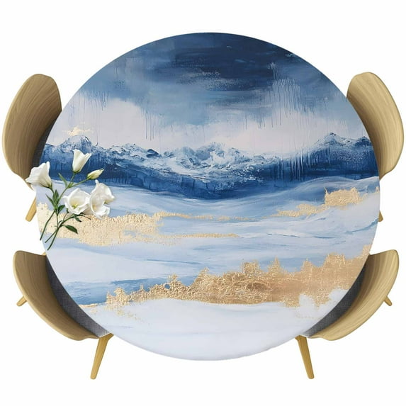 Marble Texture Round Fitted Table Cover Abstract Gradient Ocean Blue Gold Waves Waterproof Table Cloth with Elastic Edge Wipeable Tablecloth for Picnic Camping Party Fits 45"-54" Diameter