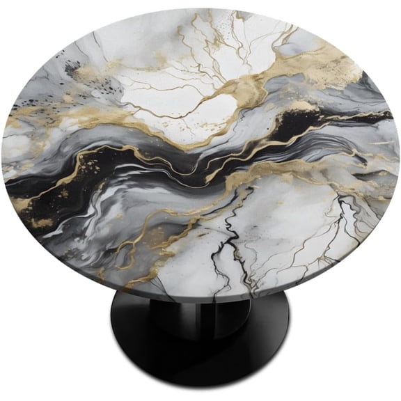 Marble Texture Round Fitted Tablecloth with Elastic Edge, 36" - 42" Round Table, Waterproof, Wipeable, Elastic Edge Design, Fits 36-42 Inch Round Tables, Polyester, Modern Style, Multi-Purpose