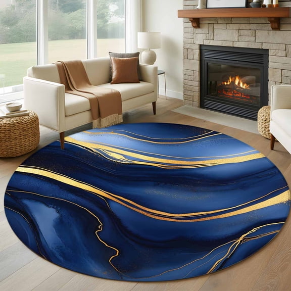 Marble Texture Round Living Room Rugs 7 ft, Modern Blue Golden Fluid Art Washable Area Rug with Non-Slip Sturdy Edge Binding Round Carpet for Kitchen Office Bedroom