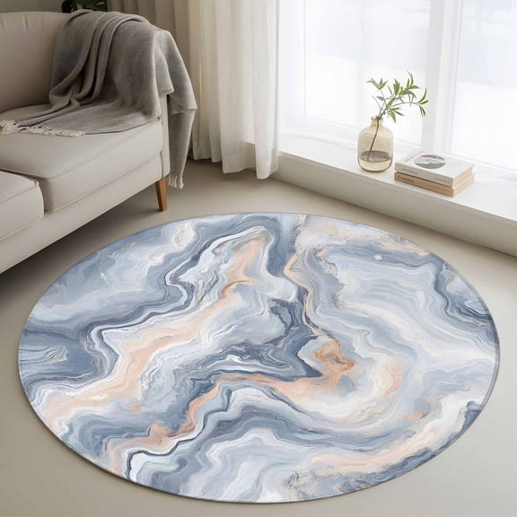 Marble Texture Round Rugs for Living Room 3ft Elegant Blue Gray Tone Water Effect Non Slip Circle Rug Washable Low-Profile Indoor Carpet for Bedroom, Dining Room, Bathroom