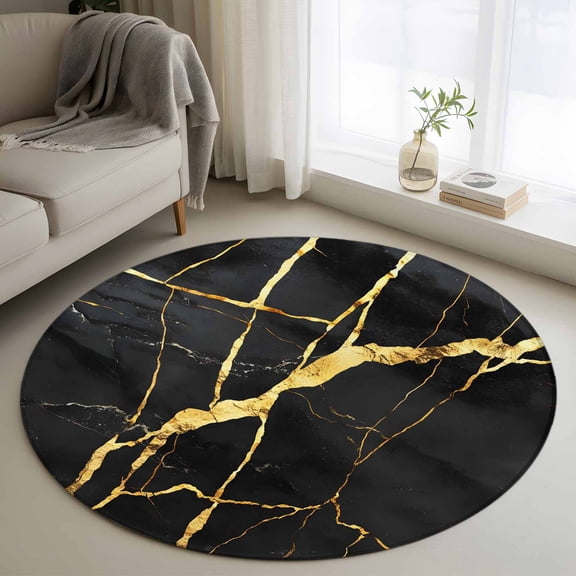 Marble Texture Round Rugs for Living Room 3ft Modern Black Golden Ripple Effect Non Slip Circle Rug Washable Low-Profile Indoor Carpet for Bedroom, Dining Room, Bathroom