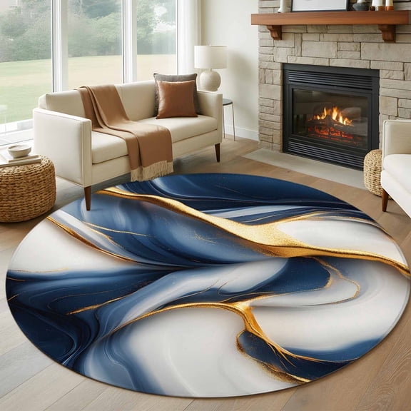 Marble Texture Round Rugs for Living Room 6ft Modern Golden Blue Fluid Art Non Slip Circle Rug Washable Low-Profile Indoor Carpet for Bedroom, Dining Room, Bathroom
