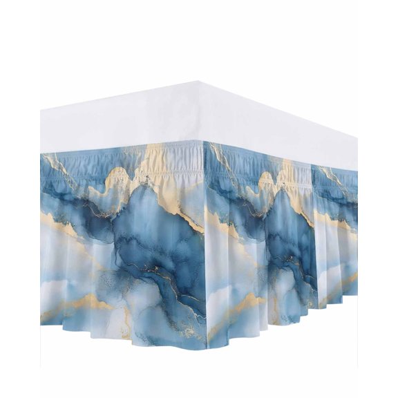 Marble Texture Ruffle Bed Skirt Queen Size Modern Art Blue Gray Ripple Effect Adjustable Elastic Dust Bed Skirts Wrap Around Bedskirt Wrinkle Free Easy Fit with 16 Inch Drop