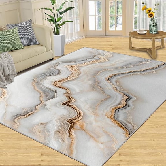 Marble Texture Rug, Modern Abstract Area Rugs for Living Room, Luxury Washable Carpet, White Gold Rugs, Aesthetic Carpet - Marble Home Decor & Gift 3 x 5ft