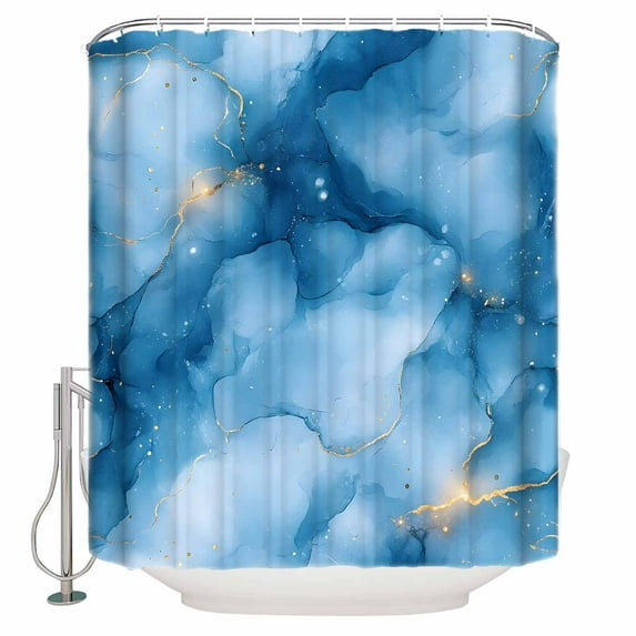 Marble Texture Shower Curtain, 48" x 72", Blue Gold Crack Abstract Gradient Art Waterproof Bathroom Curtain Washable Shower Curtain Set with 12 Hooks