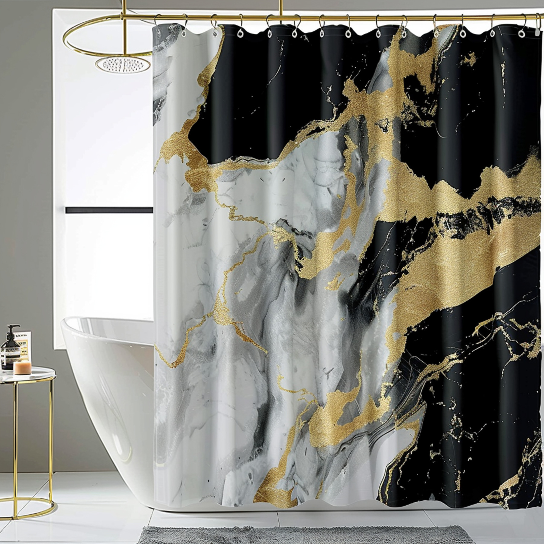 Marble Texture Shower Curtain Black White Gold Bathroom Decor Luxury