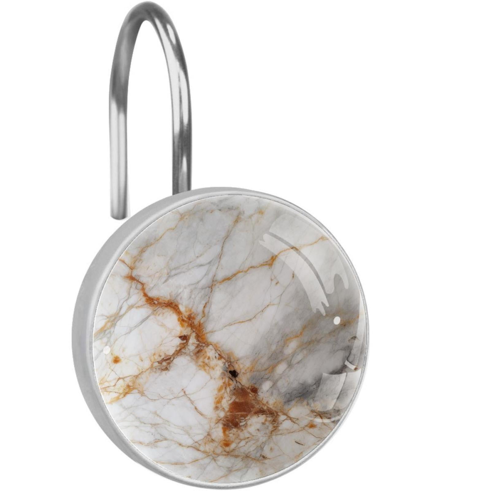 Marble Texture Shower Curtain Hooks （Set of 12） for Home Hotel Shower Rods Bathroom Crystal Glass Print Stainless Steel Round Curtain Hooks