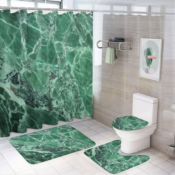 Marble Texture Shower Curtain Sets with Non-Slip Rug, Toilet Lid Cover And Bath Mat，Shower Curtain Sets with 12 Hooks, Shower Curtain for Bathroom Set Decor