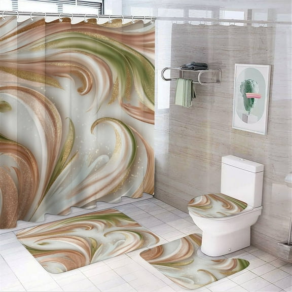 Marble Texture Shower Curtain Sets with Non-Slip Rug, Toilet Lid Cover And Bath Mat，Shower Curtain Sets with 12 Hooks, Shower Curtain for Bathroom Set Decor