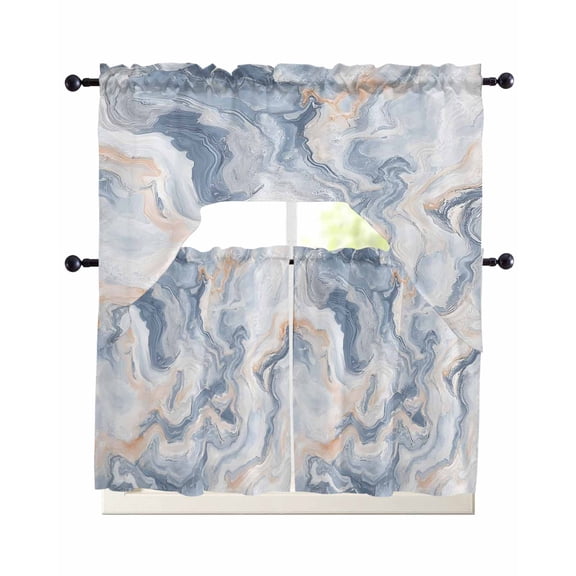 Marble Texture Swag Valance and Tier Curtains Set Elegant Gray Blue Tone Vortex Effect Kitchen Curtains 3 Piece Set Rod Pocket Panels for Bedroom Cafe Swag Valances and 24 inches Tiers