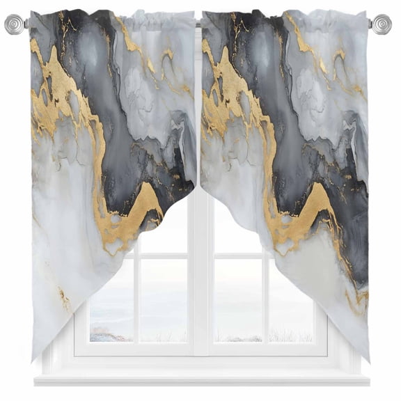 Marble Texture Swag Valances for Windows 2 Pack Abstract Black Gold Gradient Art Swag Kitchen Curtains 36 Inches Long Rod Pocket Short Window Treatment for Kitchen Bathroom 28"x36"