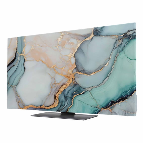 Marble Texture TV Dust Cover 85 Inch, Abstract Teal Blue Gold Crack Art Computer Monitor Cover Dustproof Stretchable Indoor TV Screen Protector for LED LCD Universal Monitors