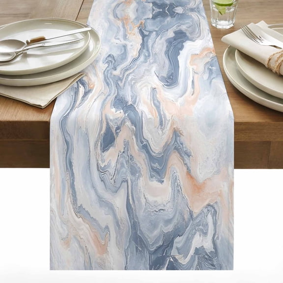 Marble Texture Table Runner 13x36 inch Elegant Gray Blue Tone Vortex Effect Cotton Linen Dining Table Runner Ideal for Dresser Kitchen Coffee Tables - Machine Washable