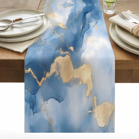 Marble Texture Table Runner 13x36 inch Modern Gold Blue Ripple Effect Cotton Linen Dining Table Runner Ideal for Dresser Kitchen Coffee Tables - Machine Washable