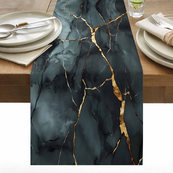 Marble Texture Table Runner 13x36 inch Modern Golden Black Ripple Effect Cotton Linen Dining Table Runner Ideal for Dresser Kitchen Coffee Tables - Machine Washable