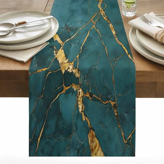 Marble Texture Table Runner 13x36 inch Modern Green Golden Ripple Effect Cotton Linen Dining Table Runner Ideal for Dresser Kitchen Coffee Tables - Machine Washable