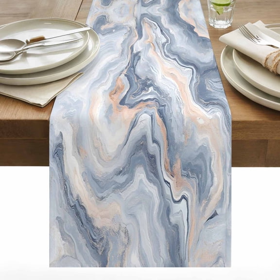 Marble Texture Table Runner 13x48 inch Elegant Blue Gray Tone Water Effect Cotton Linen Dining Table Runner Ideal for Dresser Kitchen Coffee Tables - Machine Washable