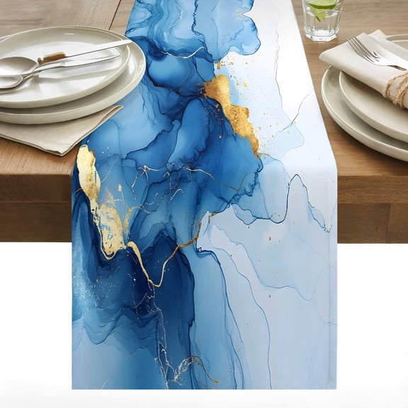 Marble Texture Table Runner 13x48 inch Modern Art Blue Gold Ripple Effect Cotton Linen Dining Table Runner Ideal for Dresser Kitchen Coffee Tables - Machine Washable