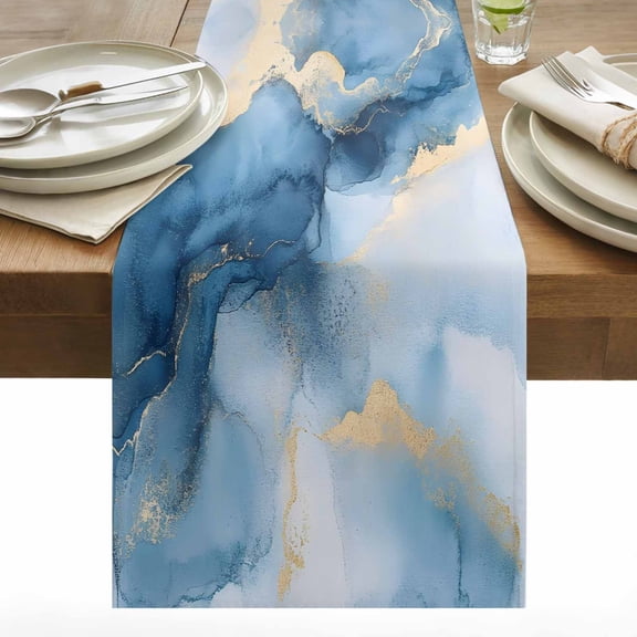 Marble Texture Table Runner 13x48 inch Modern Art Blue Gray Ripple Effect Cotton Linen Dining Table Runner Ideal for Dresser Kitchen Coffee Tables - Machine Washable