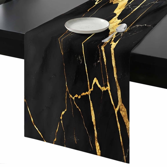 Marble Texture Table Runner 13x60 Inch Modern Black Golden Ripple Effect Table Runner Non-Slip Dresser Scarves for Holiday Decorations, Party, Dinner and Gatherings, 1 Pack