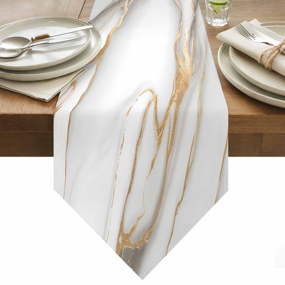 Marble Texture Table Runner 36 Inches Long Vintage Classic White Gold Crack Art Table Runners for Dining Room Tabletop Dresser Scarf Home Party Banquet Wedding Holiday Decoration